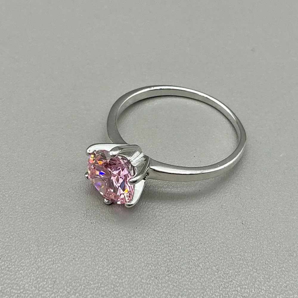 Danbury Mint Ring Pink Heart Crystal Solitaire Silver Tone Ring Size 8